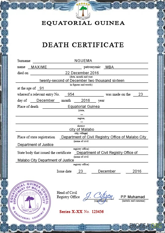 Acte de décès de Guinée équatoriale psd